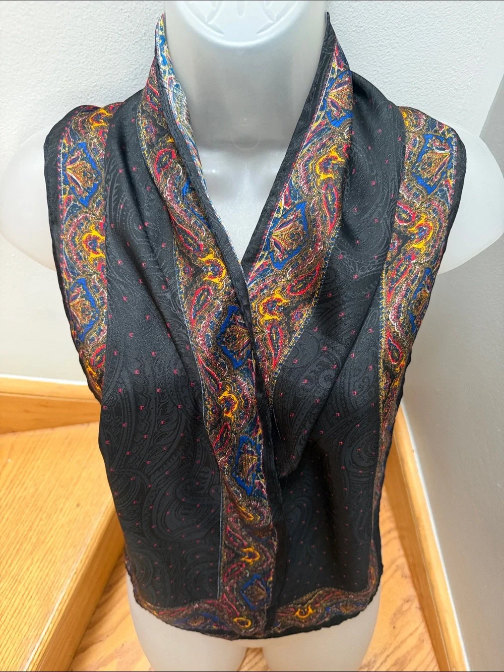 Vintage Silk Scarf Black Paisley Jacquard Oblong Scarf